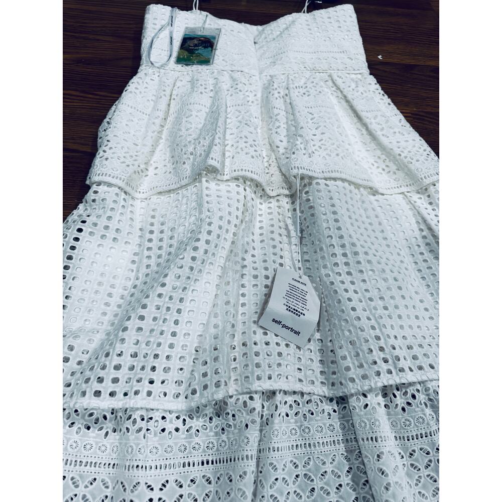 Self-Portrait White Bridal Broderie Anglaise Cotton Voile Tiered Midi Dress 6 - Picture 10 of 13